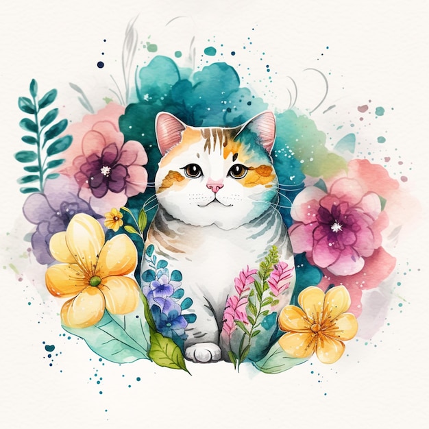 Zdjęcie jest kot, który siedzi w kwiatowym ramie generatywny ai