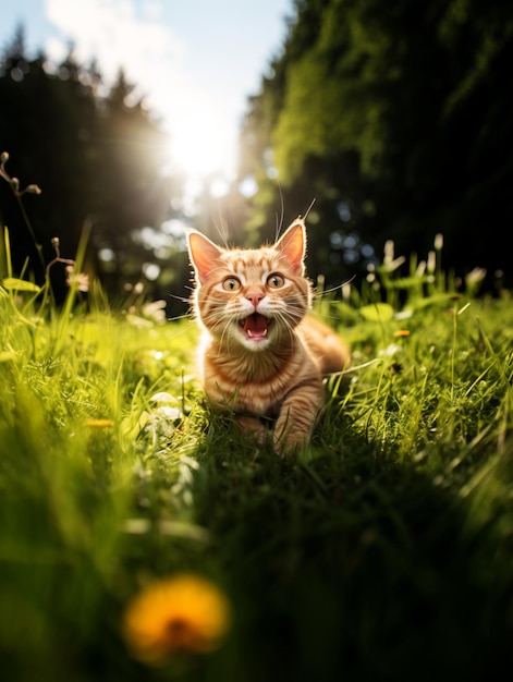 Jest kot, który siedzi w trawie z otwartymi ustami.