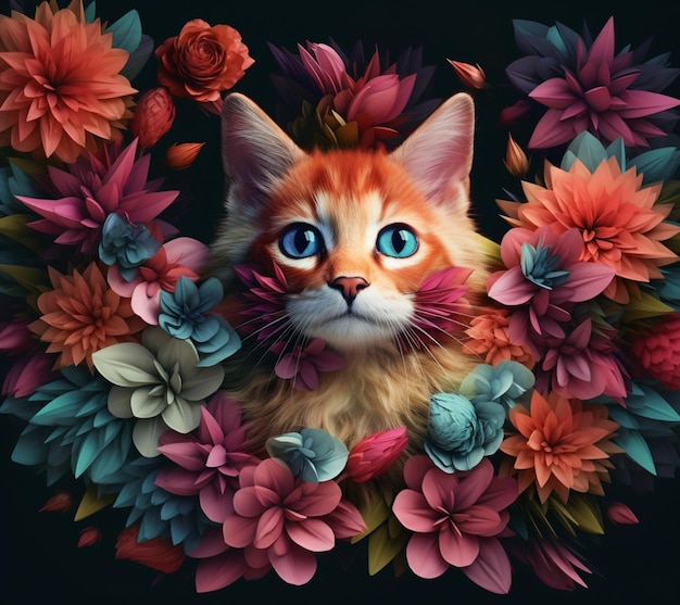Jest kot, który siedzi w układzie kwiatowym.