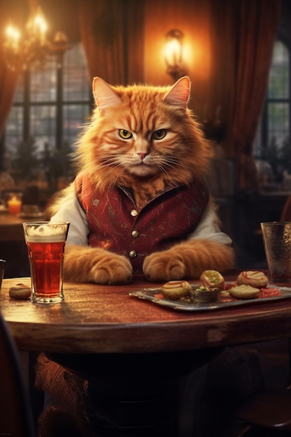 Jest kot siedzący przy stole z szklanką piwa.
