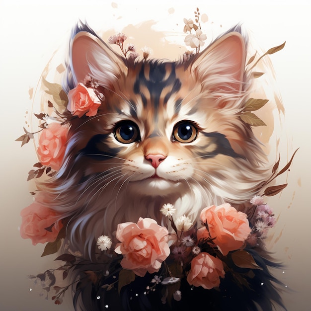 Jest kot z kwiatami na głowie i generatywną ai kwiatowej korony