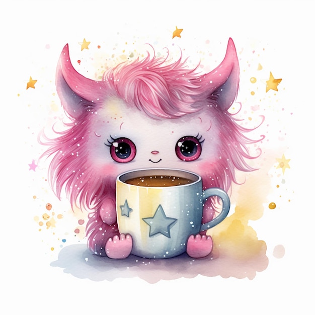 Jest kreskówka różowego potwora z filiżanką kawy.