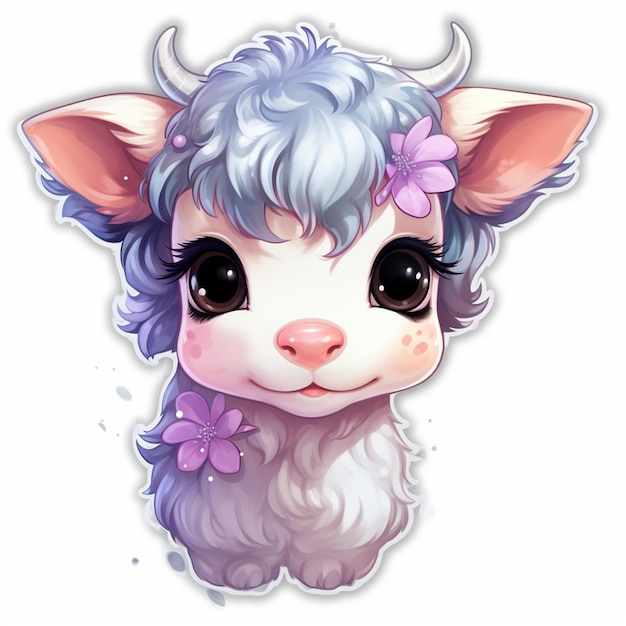 Jest kreskówkowa owca z fioletowym kwiatem w włosach.