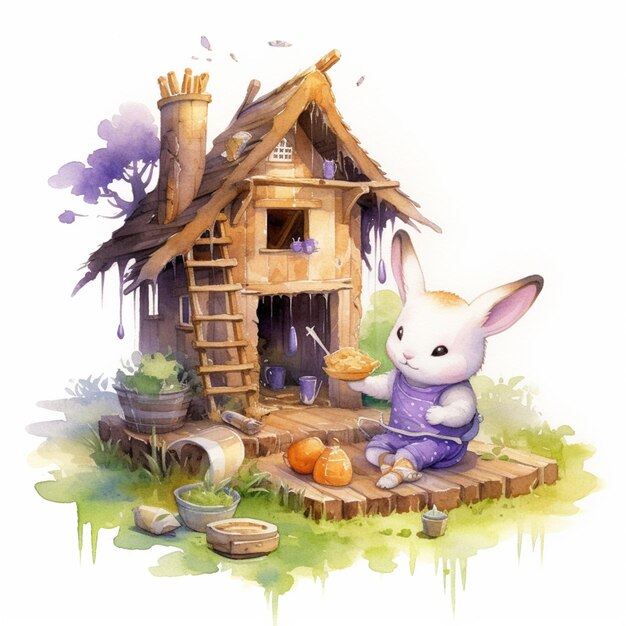 Jest królik siedzący przed małym domem z koszem z jedzeniem.