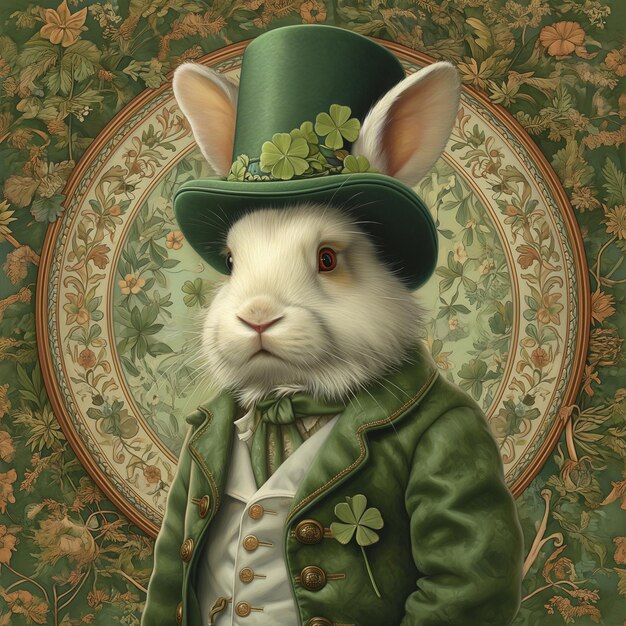 Jest królik w zielonym kapeluszu i kurtce.