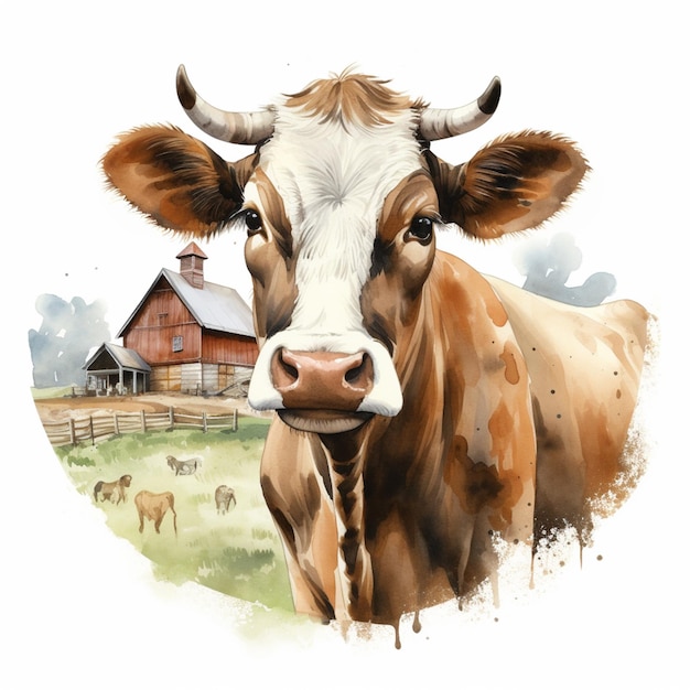 Jest krowa, która stoi w trawie z stodołą w tle generatywny ai
