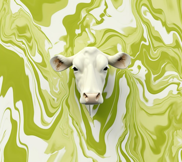 Jest krowa, która stoi w zielonym i białym wirującym tle generatywny ai