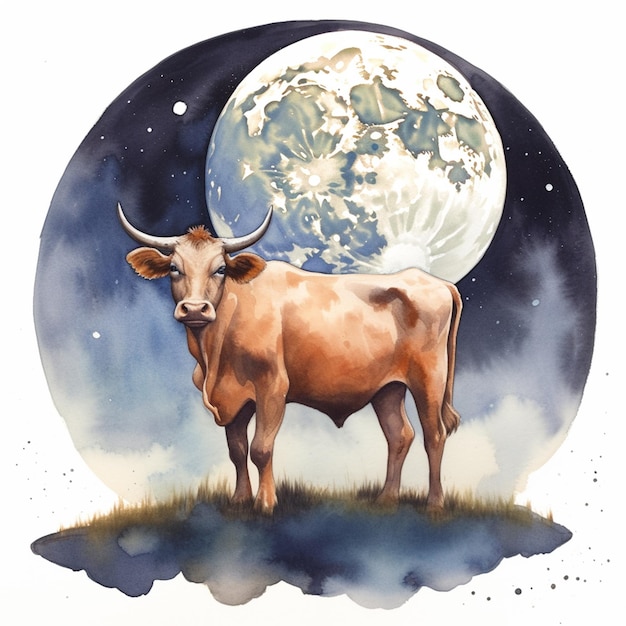 Jest krowa stojąca przed pełnym księżycem.