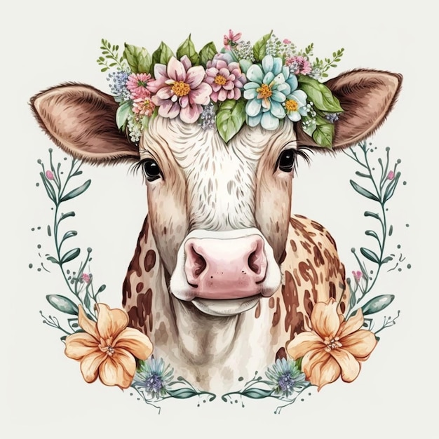 Zdjęcie jest krowa z koroną z kwiatów na głowie generatywną ai