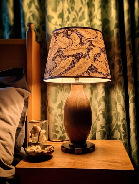Zdjęcie jest lampa, która jest na stole obok łóżka generatywny ai