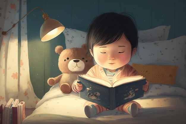jest mała dziewczynka czytająca książkę w łóżku z generatywną sztuczną inteligencją pluszowego misia