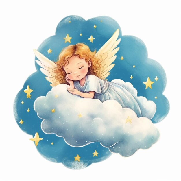 Zdjęcie jest mała dziewczynka, która śpi na chmurze.