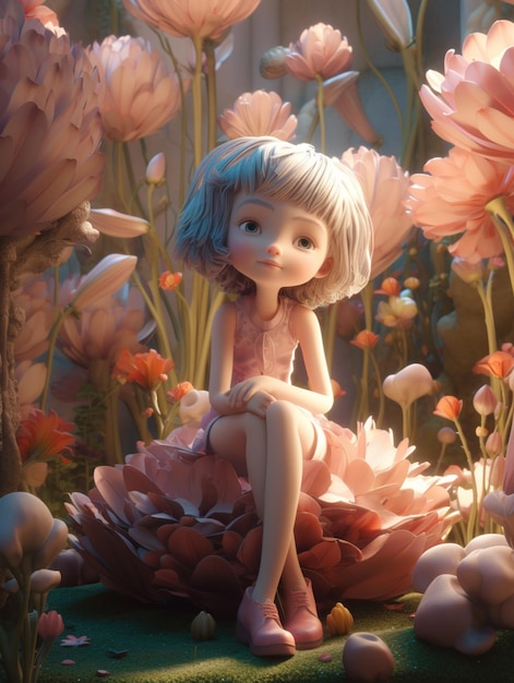 Jest mała dziewczynka siedząca na kwiatku w polu generatywnym ai