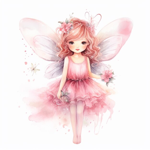 jest mała dziewczynka ubrana w różową sukienkę i generatywne skrzydła motyla