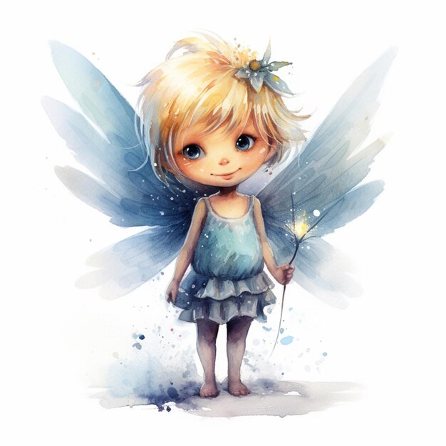 Jest mała dziewczynka w niebieskiej sukience i skrzydłach wróżki.