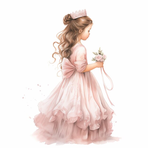 Zdjęcie jest mała dziewczynka w różowej sukience trzymająca kwiat generatywny ai