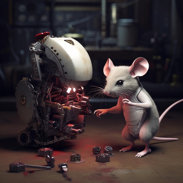 Zdjęcie jest mała mysz, która stoi obok robota generatywnego.