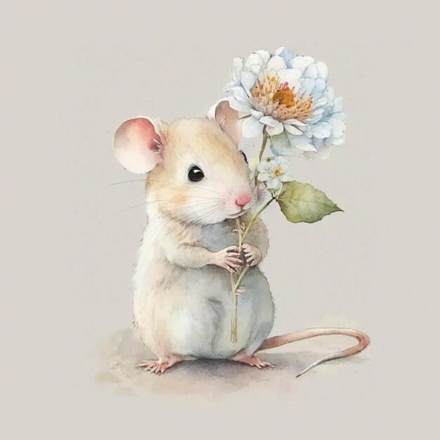 Jest mała mysz trzymająca kwiat w swoich łapach generatywny ai