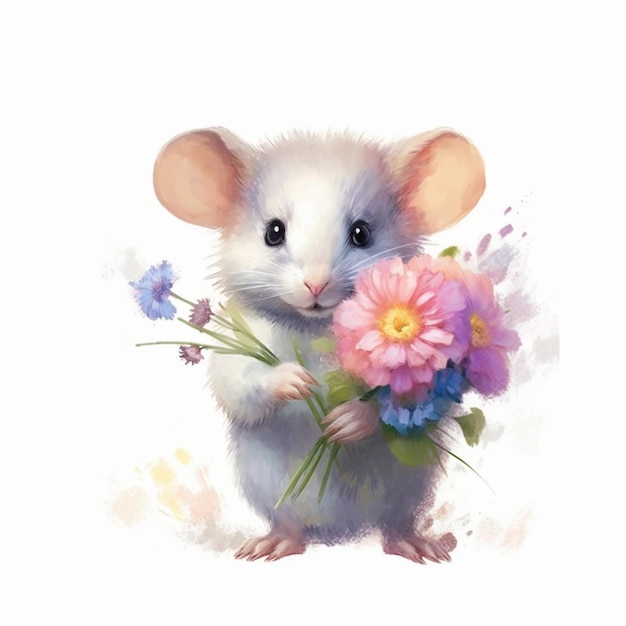 Jest mała mysz trzymająca w łapach bukiet kwiatów generatywny ai