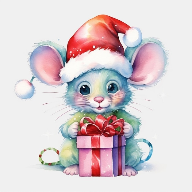 Jest mała mysz z kapeluszem Świętego Mikołaja trzymająca prezent generatywny ai