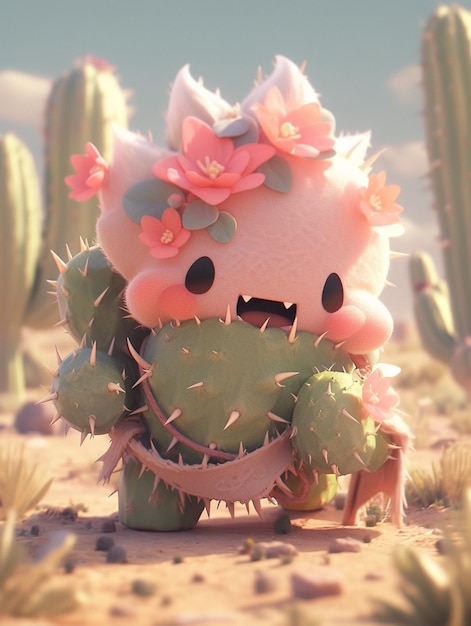 Jest małe wypchane zwierzę z kaktusem na pustyni generatywny ai