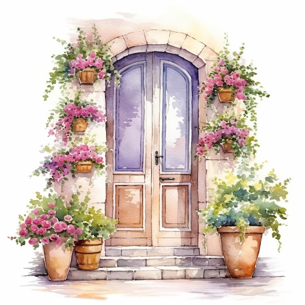 Jest malowidło przedstawiające drzwi z kwiatami na nim generatywne ai
