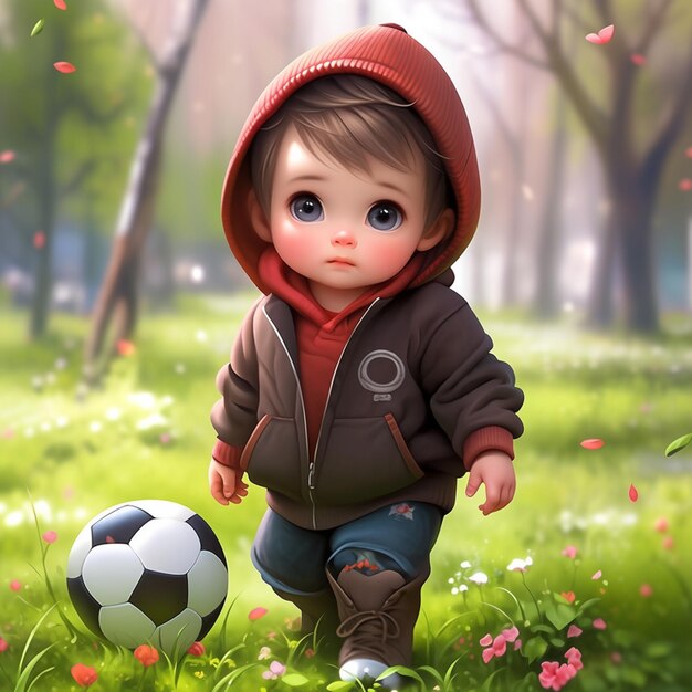 Jest mały chłopiec, który bawi się piłką do piłki nożnej.
