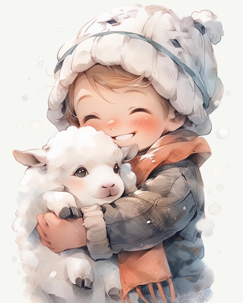 Jest mały chłopiec, który trzyma jagnię w ramionach.