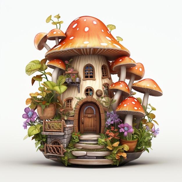 Jest mały domek z grzybów i roślin generatywnych ai
