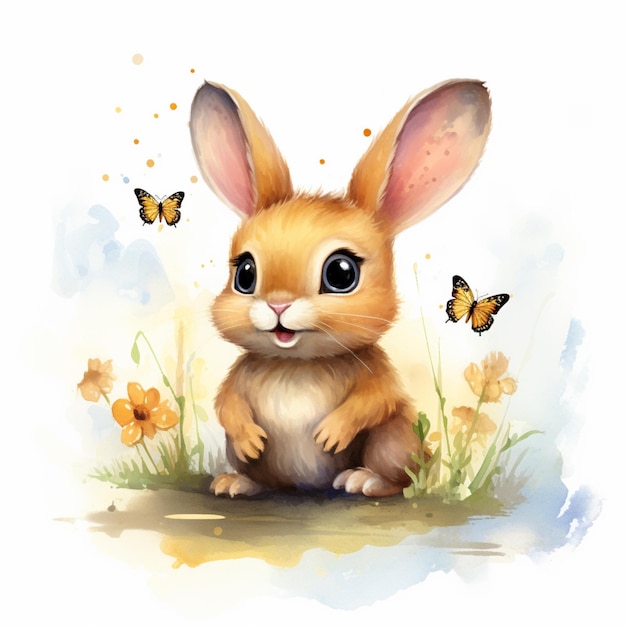 Jest mały królik siedzący w trawie z motylami.
