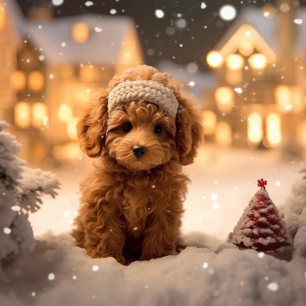 Jest mały pies, który siedzi w śniegu.