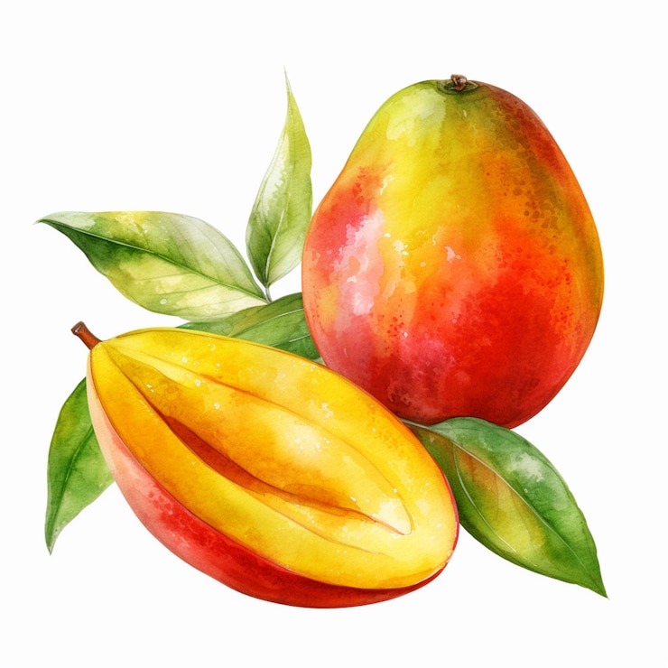 jest mango i mango z liśćmi na nim generatywny ai