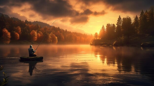 Jest mężczyzna łowiący ryby na jeziorze o zachodzie słońca z generatywną ai łodzią