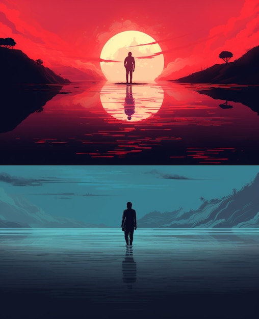 jest mężczyzna stojący na plaży o zachodzie słońca i mężczyzna stojący na desce surfingowej generatywnej AI