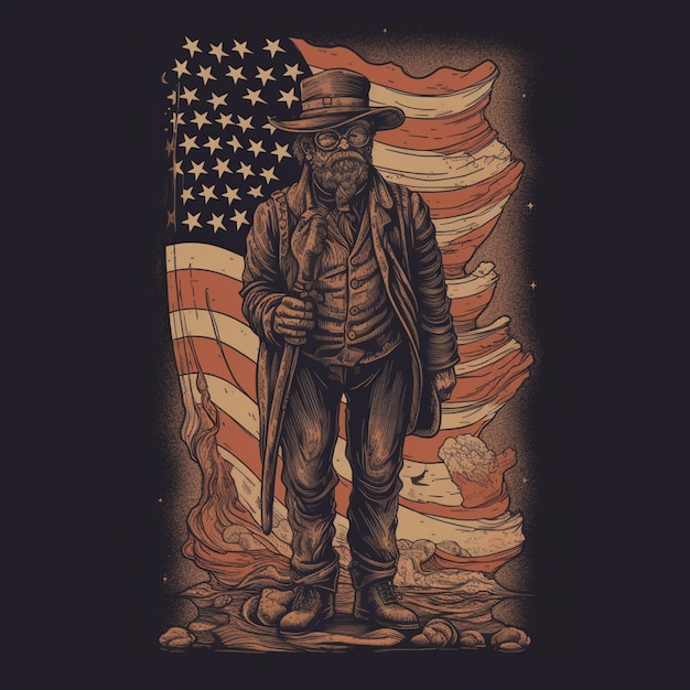 Jest mężczyzna stojący przed amerykańską flagą.