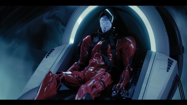 Zdjęcie jest mężczyzna w czerwonym garniturze siedzący w statku kosmicznym generatywny ai