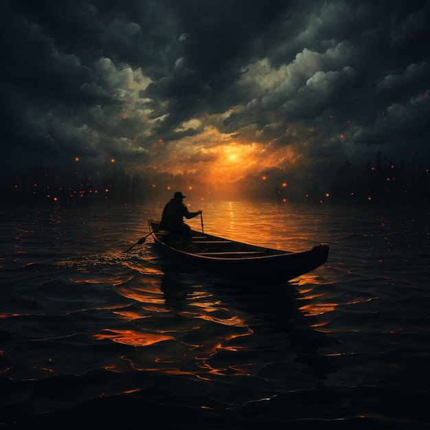 Jest mężczyzna w łodzi na wodzie o zachodzie słońca generatywnej ai