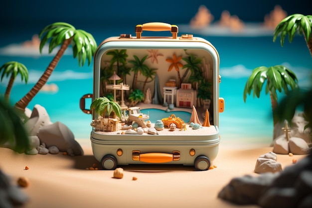 jest miniaturowa walizka ze sceną plażową w środku generatywną sztuczną inteligencją