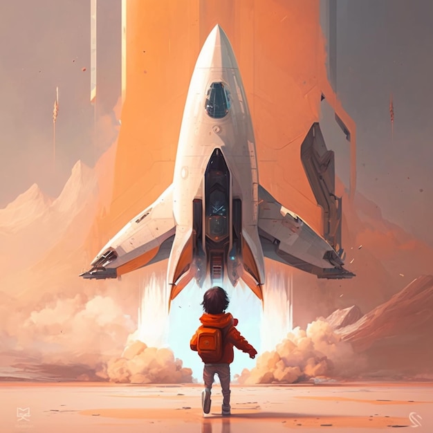 Jest młody chłopiec stojący przed statkiem kosmicznym generatywny ai