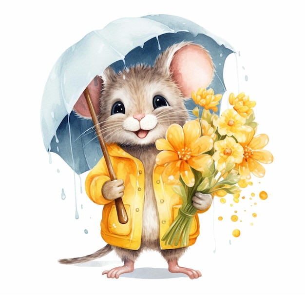 jest mysz trzymająca bukiet kwiatów pod parasolem generatywnym AI