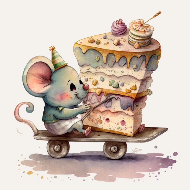 Zdjęcie jest mysz z kreskówki jeżdżąca na deskorolce z kawałkiem ciasta generatywny ai