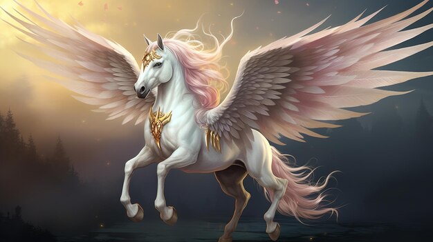 Jest na nim biały koń z różowymi włosami i skrzydłami.