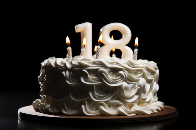 Zdjęcie jest na nim biały tort ze świecami, na którym widnieje napis 18th generative ai