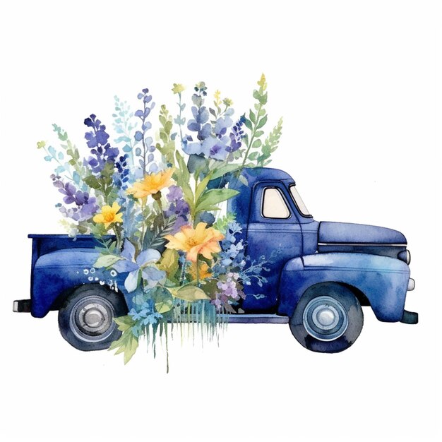 Jest niebieska ciężarówka z kwiatami w generatywnej ai łóżka
