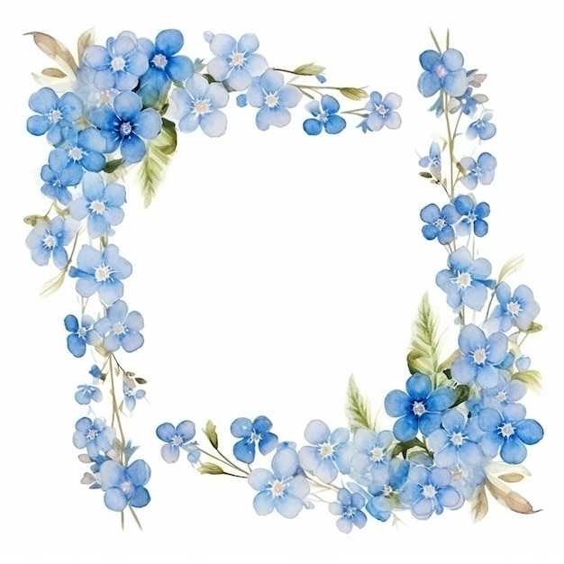 jest niebieska ramka kwiatów z liśćmi i kwiatami na niej
