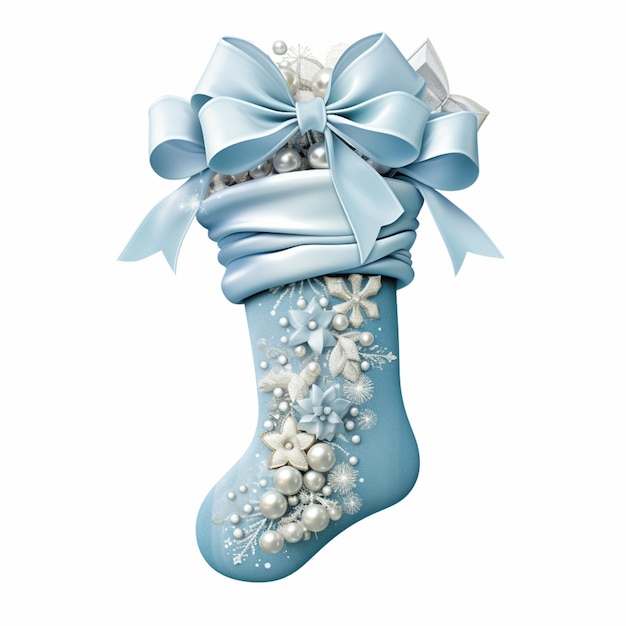 Jest niebieska świąteczna pończocha z perłami i łuk generatywny ai.