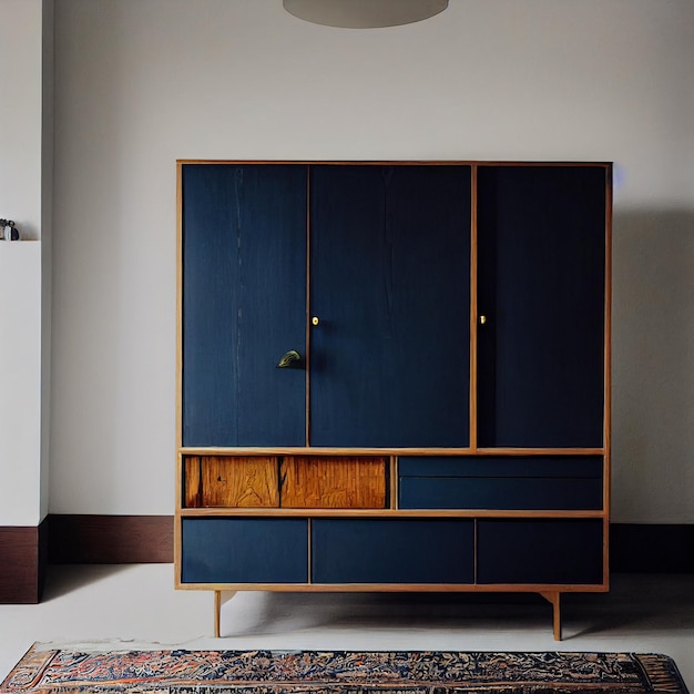 Jest niebieska szafa z drewnianymi drzwiami i dywanem generatywnym.
