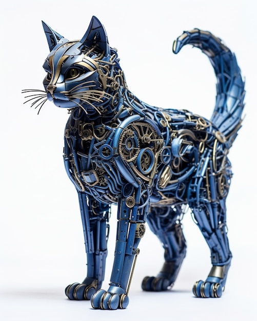 jest niebieski kot wykonany z metalowych części na białej powierzchni generatywny ai