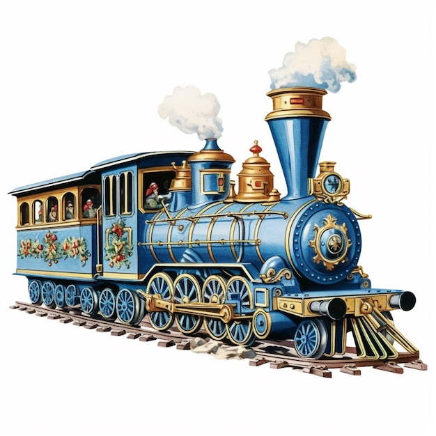 Jest niebieski pociąg ze złotą wykończeniem i niebieski silnik generatywny ai