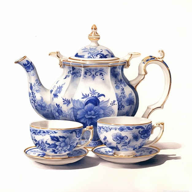 Jest niebiesko-biały zestaw do herbaty z generatywną filiżanką i spodkiem